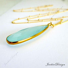 Load image into Gallery viewer, Aqua Chalcedony Tear Drop Pendant Gold Filled Chain 24 inch Necklace Z50
