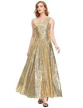 Load image into Gallery viewer, Kate Kasin Gold Sequined Evening Formal Gown One Shoulder Dress Formal, US10
