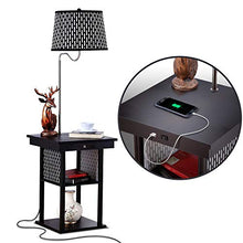 Load image into Gallery viewer, Brightech Madison - Narrow Nightstand with Built in Lamp, USB Port &amp; Shelves for Bedrooms - Mid Century Modern End Table &amp; Attached Floor Lamp for Living Rooms - Side Table &amp; Reading Light - Black
