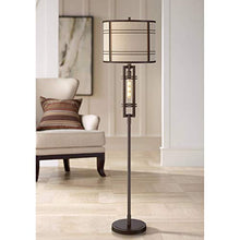 Load image into Gallery viewer, Elias Industrial Farmhouse Floor Lamp with Nightlight LED Oil Rubbed Bronze Off White Oatmeal Fabric Drum Shade for Living Room Reading Bedroom Office - Franklin Iron Works
