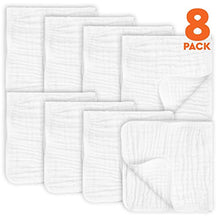 Load image into Gallery viewer, AllSett Baby 8 Pack Muslin Burp Cloths Large 20" by 10" 100% Cotton, Hand Wash Cloth 6 Layers Extra Absorbent and Soft
