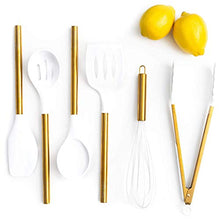Load image into Gallery viewer, White Silicone and Gold Cooking Utensils for Modern Cooking and Serving, Stainless Steel Gold Serving Utensils - Spatulas for Non Stick Cookware
