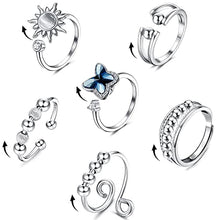 Load image into Gallery viewer, Thunaraz 6 Pcs Silver Fidget Rings for Anxiety Adjustable Butterfly Sun Spinner Rings for Women Rotatable Fidget Bead Ring for Stress Relieving with Box
