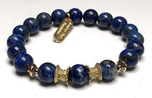 Load image into Gallery viewer, Stunning lapis lazuli bracelet Yoga Jewelry wrist mala Fifth chakra Throat Chakra Big 10 mm unisex stretch bracelet | Energized chakra bracelet | w/zinc alloy gold plated spacers (Style-1)
