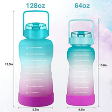 Load image into Gallery viewer, BOTTLE BOTTLE Half Gallon/64 oz Water Bottle with Straw Big Handle Protective Silicone Boot Sports Water Bottle with Time Marker Leak Proof Reusable Water Jug for Adult and Kids (blue purple)
