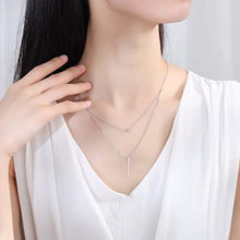 Load image into Gallery viewer, White Gold Plated Linear Bar Double Strand Necklace for Women, Tiny Round Cubic Zirconia &amp; Bar Pendant Chain Necklace
