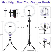 Load image into Gallery viewer, 12" Selfie Ring Light with 63" Tripod Stand &amp; 3 Phone Holder, LED Camera Ringlight with 48 RGB Colors Modes &amp; Musical Rhythm Mode and 12 Brightness Dimmable for Makeup/Photography/Videos/Vlog/TikTok
