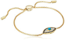 Load image into Gallery viewer, 18k Yellow Gold Plated Sterling Silver Turquoise, Created Blue Sapphire, and Diamond Accent Evil Eye Bolo Bracelet, 9"

