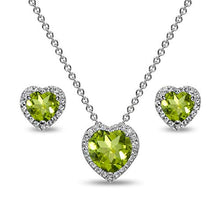 Load image into Gallery viewer, Sterling Silver Peridot and CZ Halo Heart Pendant Necklace &amp; Stud Earrings Set
