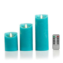 Load image into Gallery viewer, glowiu Teal Candle Pillar Realistic Wick Battery Operated Candles Set of 3 Single Slim Sphere Turquoise Candles Electric Home Decor with 10-Key Remote Multi-Function (3, H 4"6"8" x D3")
