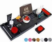 Load image into Gallery viewer, ROYAL CRAFT WOOD Luxury Bamboo Bathtub Caddy Tray with Book and Wine Holder - One or Two Person Bath and Bed Tray with Extending Sides - Free Soap Dish (Black)
