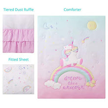 Load image into Gallery viewer, La Premura Unicorn Baby Nursery Crib Bedding Set for Girls – Baby Unicorn &amp; Rainbows 3 Piece Standard Size Crib Bedding Sets in Pink, Yellow &amp; Green
