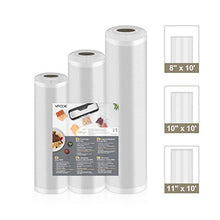 Load image into Gallery viewer, VPCOK Vacuum Sealer Bags 3 Rolls 8” x 10’, 10” x 10’, 11” x 10’ Vacuum Sealer Rolls 3 Pack BPA Free Fit VPCOK Vacuum Sealer Sous Vide Bags for Food Saver Food Storage Bag Roll Vac Storage Meal Prep
