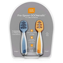 Load image into Gallery viewer, Baby Spoon Set (Stage 1 + Stage 2) | BPA Free Silicone Self Feeding Toddler Utensils | Pre-Spoon for Kids Ages 6 to 18 Months, 1-Pack, Two Spoons, Blue/Orange | NumNum GOOtensils
