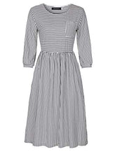 Load image into Gallery viewer, MEROKEETY Women's 3/4 Balloon Sleeve Striped High Waist T Shirt Midi Dress with Pockets
