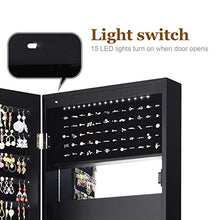 Load image into Gallery viewer, Giantex 15 LEDs Jewelry Cabinet Wall Mounted, Lockable Jewelry Armoire with Full Length Mirror, Cosmetics Tray, Lipstick Brush Holders, Build-in Makeup Mirror, Jewelry Cabinet for Women Girls (Black)
