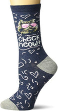 Load image into Gallery viewer, K. Bell Women's Fun with Words Novelty Saying Crew Socks, Blue (Check Meowt), Shoe Size: 4-10
