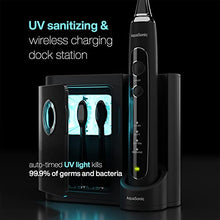 Load image into Gallery viewer, AquaSonic Black Series PRO – Ultra Whitening Toothbrush w UV Sanitizing Base – 4 Modes &amp; Smart Timers – UV Sanitizing &amp; Charging Travel Case – UltraSonic Electric Tooth Brush – 6 Proflex Brush Heads
