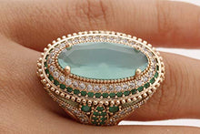 Load image into Gallery viewer, Turkish Handmade Jewelry Long Oval Shape Aquamarine and Round Cut Emerald Topaz 925 Sterling Silver Ring Size All
