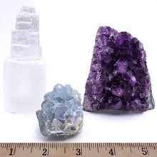 Load image into Gallery viewer, Dancing Bear Amethyst Cluster Cut Base (up to ½ lb), Celestite, Selenite Tower (3" Tall), Healing Crystal (3 Pc Set) Premium Grade A, Bohemian Home Décor, Natural Good Vibes, Metaphysical Info Cards
