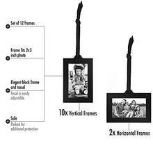 Load image into Gallery viewer, Americanflat Bronze Family Tree with 12 Hanging Picture Frames 2" x 3" in Black and Adjustable Ribbon Tassels - 22"
