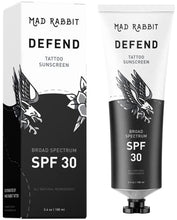 Load image into Gallery viewer, Mad Rabbit Defend Tattoo Sunscreen - SPF 30 100mL Tube - Natural Sunscreen For Tattoos - Tattoo Fade Protection Under The Sun and Moisturizer with Natural Ingredients
