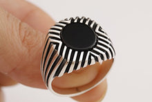 Load image into Gallery viewer, Motif Modern Style Ottoman Oval Black Onyx Turkish Handmade Jewelry 925 Sterling Silver Men's Ring All Size Options Size
