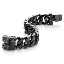 Load image into Gallery viewer, COOLSTEELANDBEYOND Mens Black Large Steel Curb Chain Bracelet with Fleur De Lis and Skull, Biker Gothic, Polished
