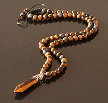 Load image into Gallery viewer, Point Pendant Long Beaded Necklace for Men Brown Tigers Eye and Labradorite Natural Stone Healing Crystal Jewelry 26 inches long
