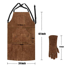 Load image into Gallery viewer, eletecpro Woodworking Apron Heavy Duty Durable - Length 42" 6 Pockets Leather Welding Apron &amp; Welding Gloves Cowhide Fire/Heat Resistant Shop Apron Men/Women(Brown)
