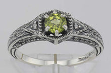 Load image into Gallery viewer, Victorian Style Genuine Peridot Filigree Ring w/ 2 Diamonds - Sterling Silver
