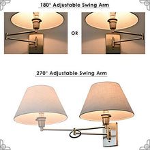 Load image into Gallery viewer, Kira Home Cambridge 13" Swing Arm Wall Lamp - Plug in/Wall Mount + White Fabric Shade, 150W 3-Way + Cord Covers, Satin Nickel Finish

