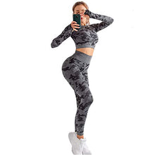 Load image into Gallery viewer, MANON ROSA Workout Sets Women 2 Piece Legging Long Sleeve Crop Top Yoga Active Clothes Camouflage Gray Medium
