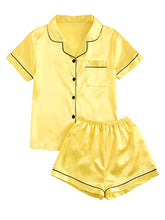 Load image into Gallery viewer, DIDK Women's Pocket Contrast Binding Satin Button Up Pajama Set Yellow L
