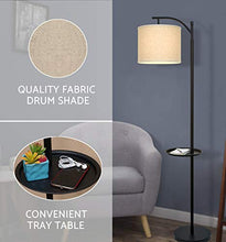 Load image into Gallery viewer, Kira Home York 63" Minimalist Tray LED Floor Lamp (7W LED, Energy Efficient/Eco-Friendly) + Honey Beige Shade - Modern Standing Arc Light with Hanging Lamp Shade, Black Finish
