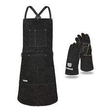Load image into Gallery viewer, Leather Work Apron with Gloves - 6 Tool Pockets for Men&amp; Women - Welding Apron - Ideal for Woodworking, Blacksmithing, Gardeners, Mechanics, BBQ - Adjustable M to XXXL
