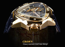 Load image into Gallery viewer, Winner Fashion Mechanical Wrist Watch Triangle Racing Dial, Waterproof Golden Skeleton Dial Automatic Movement Leather Design Mechanical Watch for Men
