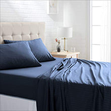 Load image into Gallery viewer, AmazonBasics Deluxe Microfiber Striped Sheet Set, Navy Blue, Queen
