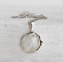 Load image into Gallery viewer, 925 Sterling Silver Natural Moonstone Necklace - 14mm White Iridescent Round Gemstone Pendant, June Gemini Birthstone Birthday Present - Unique Handmade Artisan Jewelry, Vintage Style Gift for Women

