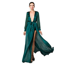 Load image into Gallery viewer, Miss ord Women's Deep V Long Sleeve Slim Split Maxi Dress with Belt (Small, Green)
