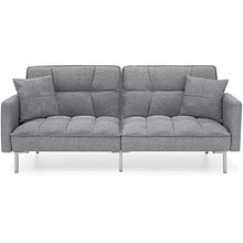 Load image into Gallery viewer, Best Choice Products Convertible Linen Fabric Tufted Split-Back Plush Futon Sofa Furniture for Living Room, w/ 2 Pillows, Wood Frame, Metal Legs - Dark Grey
