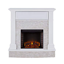 Load image into Gallery viewer, SEI Furniture Jacksdale Faux Stone Accent Electric Hidden Media Shelf Fireplace, White
