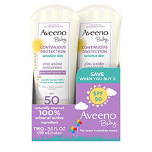 Load image into Gallery viewer, Aveeno Baby Continuous Protection Zinc Oxide Mineral Sunscreen Lotion with Broad Spectrum SPF 50, Sweat and Water Resistant, 3 fl. Oz, Pack of 2
