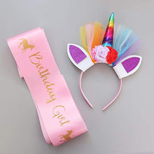 Load image into Gallery viewer, Girls Layered Tutu Skirt with Unicorn Tshirt, Headband &amp; Satin Sash (Pink Purple Blue, 7-8 Years)

