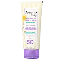 Load image into Gallery viewer, Aveeno Baby Continuous Protection Zinc Oxide Mineral Sunscreen Lotion for Sensitive Skin, Broad Spectrum SPF 50, Tear-Free, Sweat- &amp; Water-Resistant, Paraben-Free, Non-Greasy, 7 fl. oz

