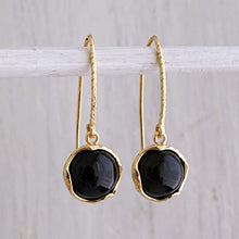 Load image into Gallery viewer, 14k Gold Plated 925 Sterling Silver Natural Onyx Dangle Earrings For Women; Vintage Style Onyx Jewelry for Women; Dangling Dark Black Stone Earrings; Black Gemstone Handmade Jewelry
