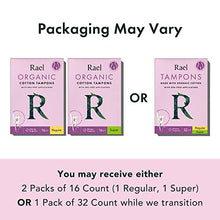 Load image into Gallery viewer, Rael Organic Cotton Unscented Tampons - Regular Absorbency, BPA Free Plastic Applicator, Chlorine Free, Ultra Thin Applicator with Leak Locker Technology (32 Count, Bundle Pack)
