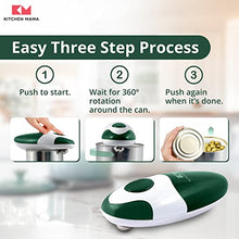 Load image into Gallery viewer, Kitchen Mama Electric Can Opener 2.0: Upgraded Blade Opens Any Can Shape - No Sharp Edge, Food-Safe, Handy with Lid Lift, Battery Operated Handheld Can Opener (Alpine Green)
