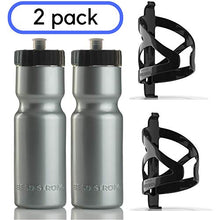 Load image into Gallery viewer, 50 Strong Bike Bottle Holder with Water Bottle - 2 Pack - 22 oz. BPA Free Bicycle Squeeze Bottle and Durable Plastic Holder Cage- Made in USA (Silver)
