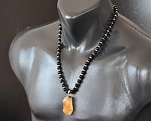 Load image into Gallery viewer, ElisaJewelryArt - Natural Raw Citrine Pendant Natural Black Onyx Beaded Necklace Genuine Gemstone Money Stone Clasp Closure Hematite Necklace Unisex Necklace (22, Raw Citrine)
